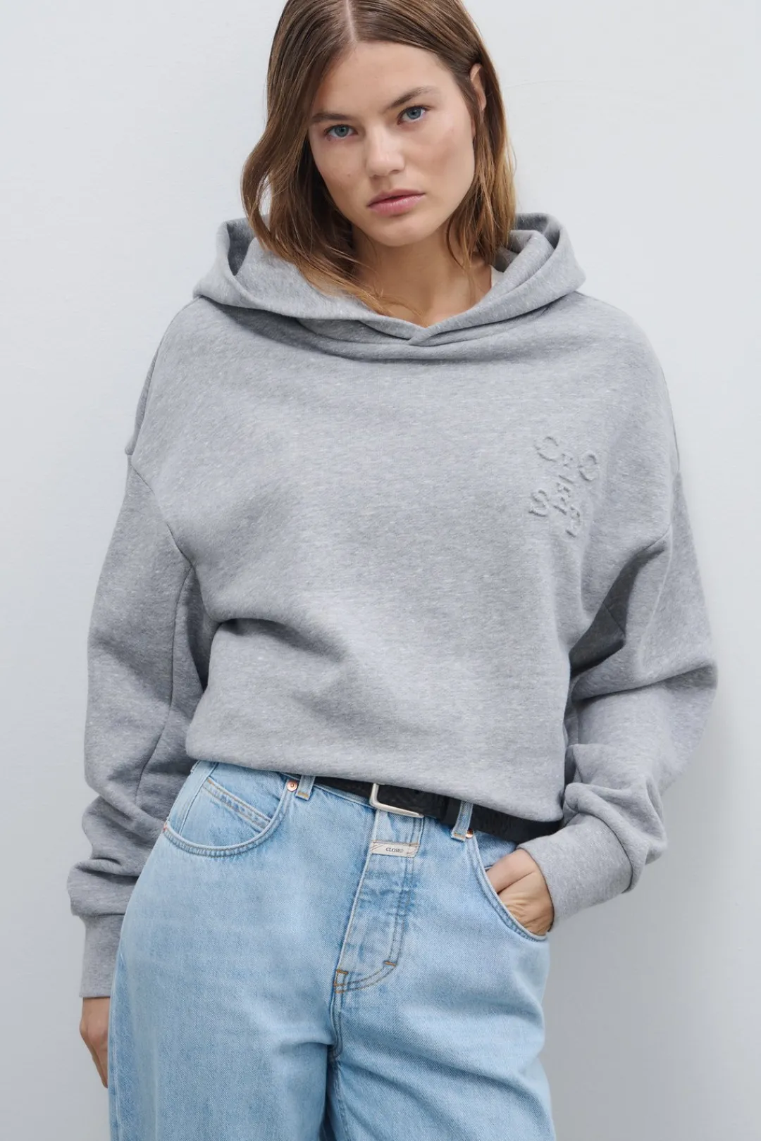 Closed Cropped Hoodie Light grey melange Outlet