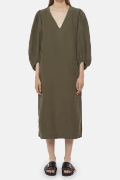 Closed Silk and Linen Dress Army green Clearance